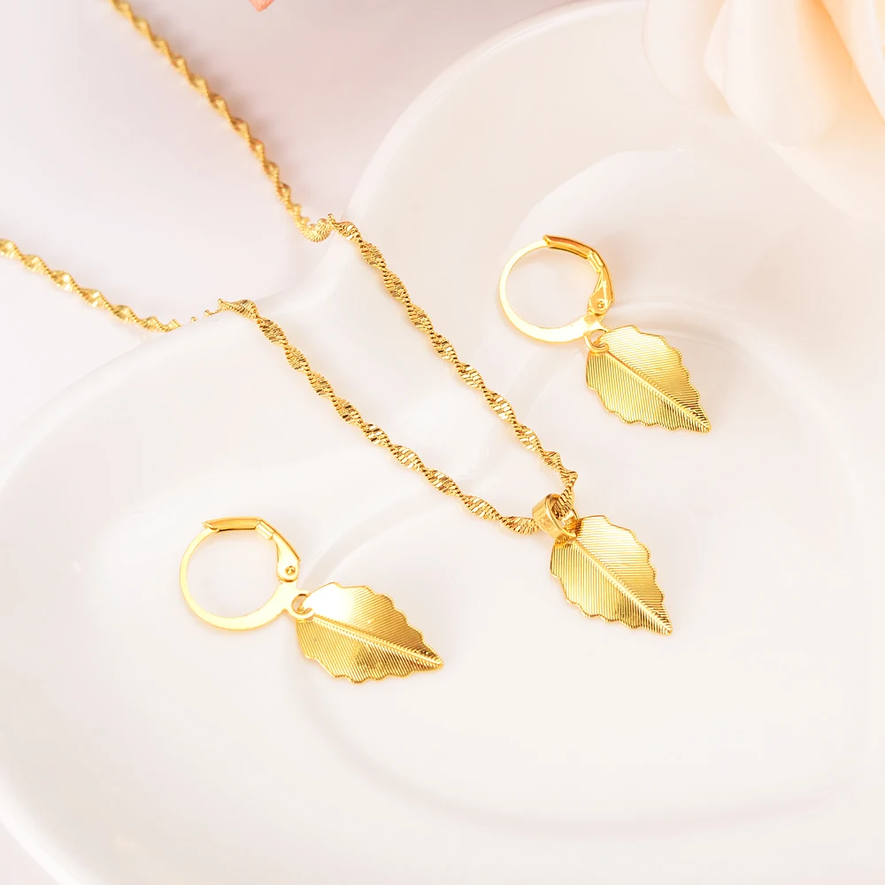 

Pretty 18 k Fine G/F gold Necklace Earring pendant Set Women Party big Leaf Jewelry Sets wear mother Gift Decorate DIY charms