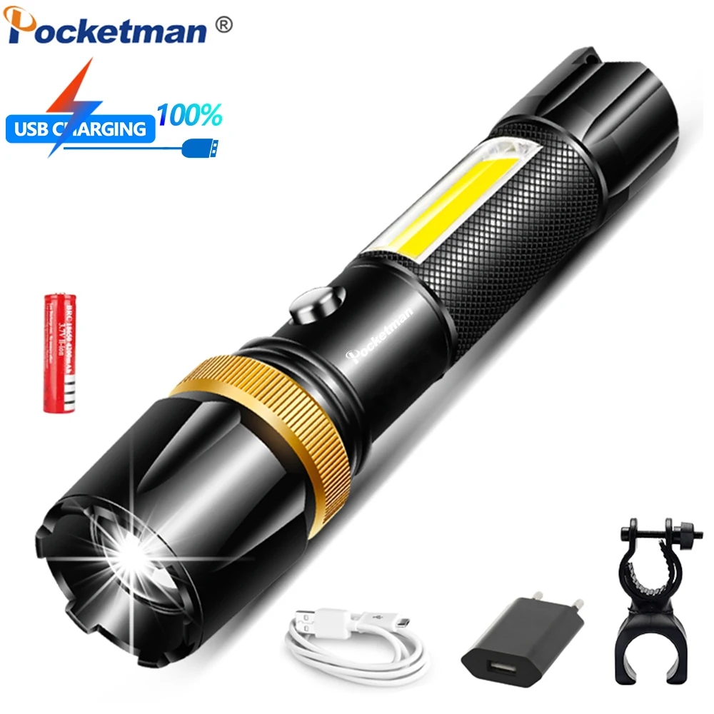 Мощный светодиодный фонарь L2/T6 COB Светодиодный фонарь с подзарядкой от USB, водонепроницаемый фонарь с usb-кабелем, аккумулятор 18650