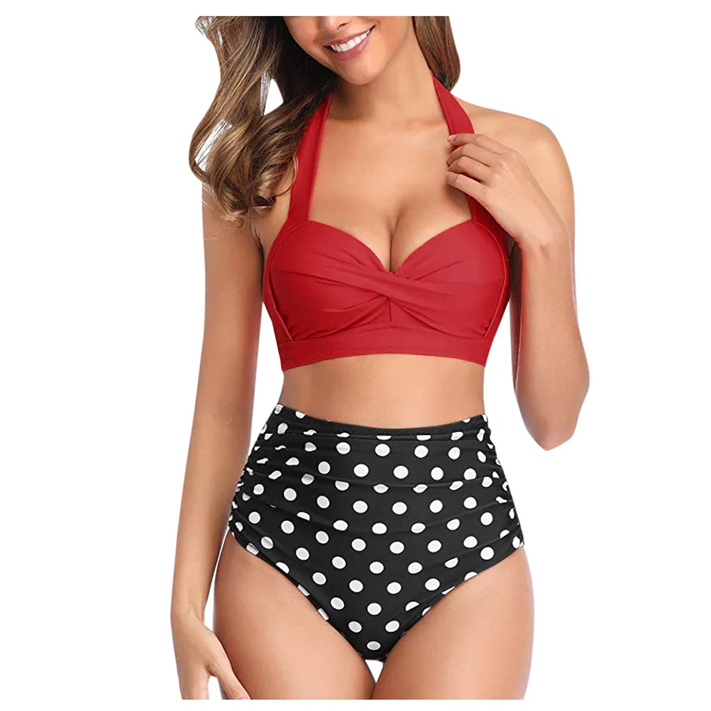 

Women Vintage Swimsuit Two Piece Retro Halter Ruched High Waist Print Bikini Set Multicolor Halter Sexy Bikini High Waist Z0127