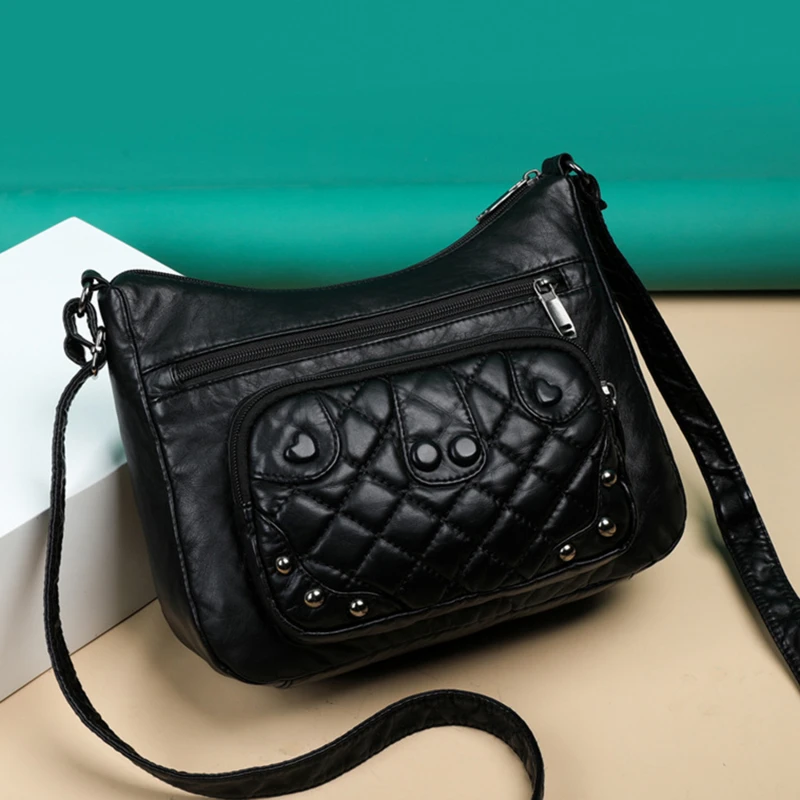 

Vitange Women's Washed Pu Leather Crossbody 2021 Reviet Workbag Female Lattice Pattern Multi-Pockets Bucket Bag Travel Bags