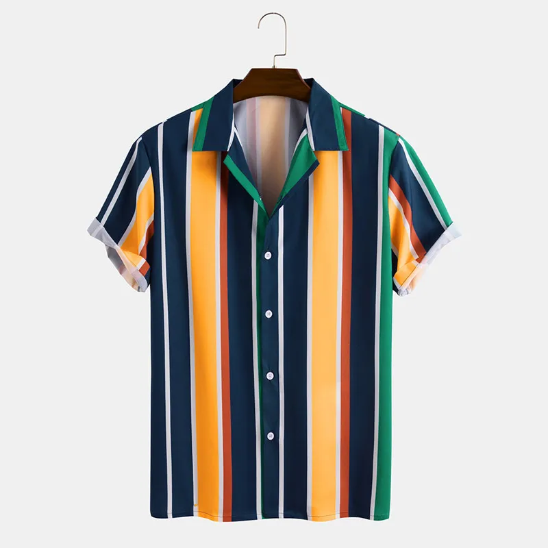 

Summer Strip Print Mens Shirt Top Casual Short Sleeve Hawaiian Shirts Stand Collar Cool Thin Shirt Men Dress Male Clothing Tops