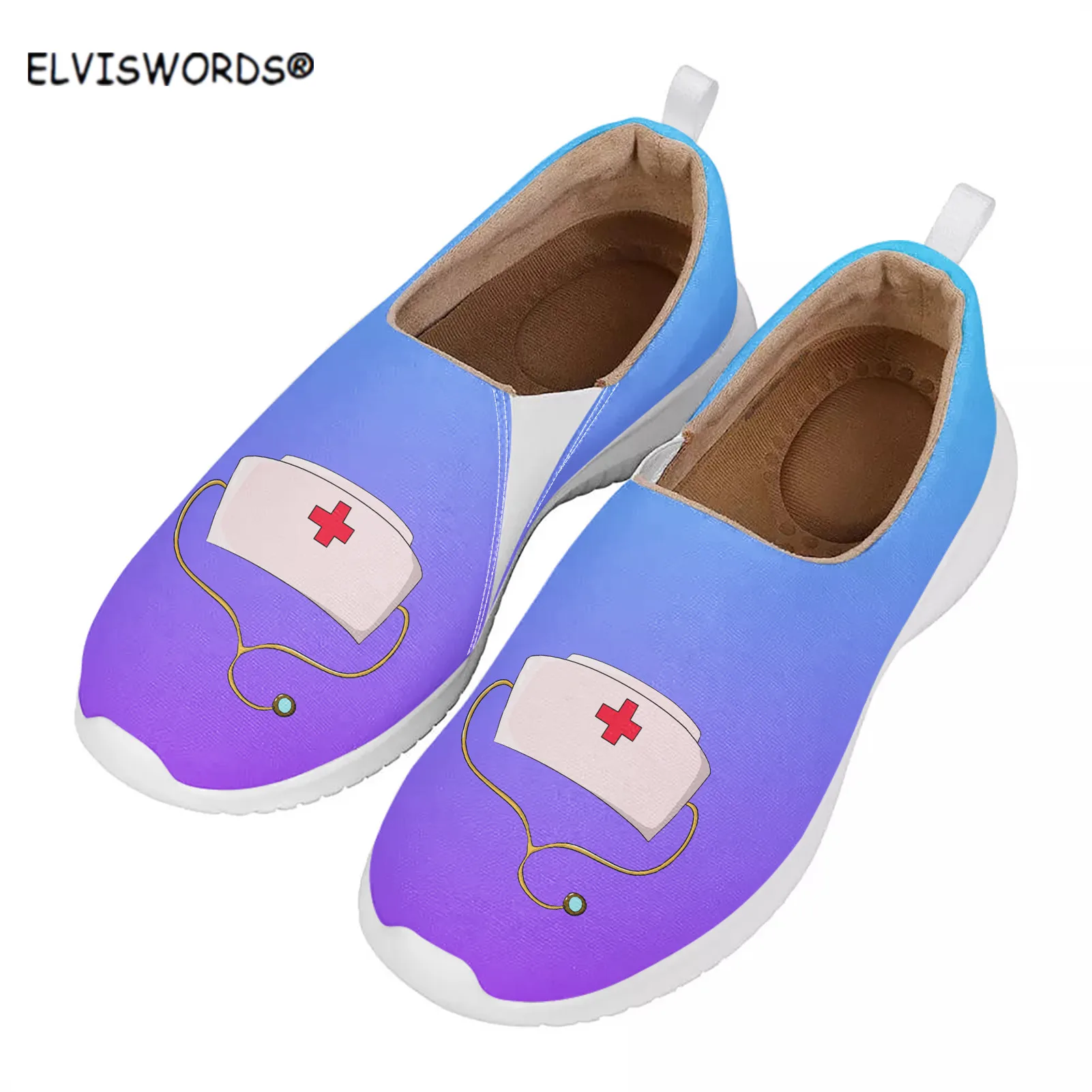

ELVISWORDS Fashion Gradient Color Nurse Hat Prints Leisure Ladies Walking Flats Breathable Women's Beach Loafers Mesh Loafers
