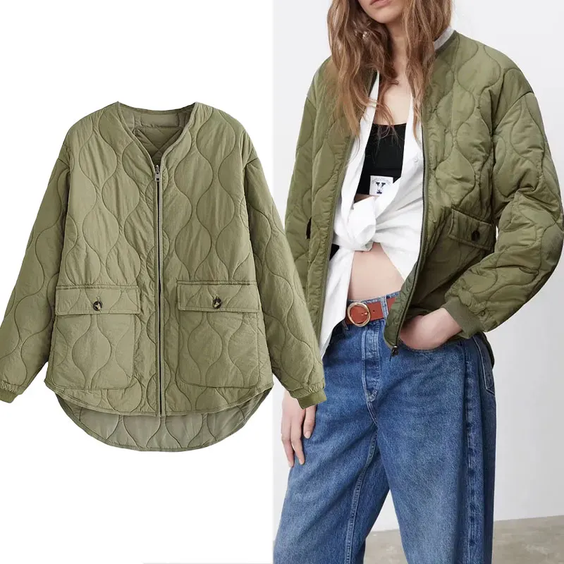 

Женская двухсторонняя куртка Za, Повседневная Зеленая свободная парка с длинным рукавом и карманами, уличная одежда на молнии, осень 2021