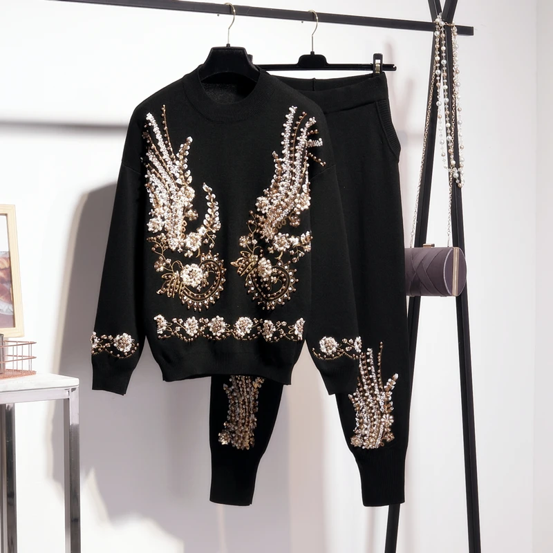

Женский трикотажный комплект из двух предметов: пуловер с бисером и пайетками, свитер, брюки-карандаш, Женский Свободный Повседневный Черны...