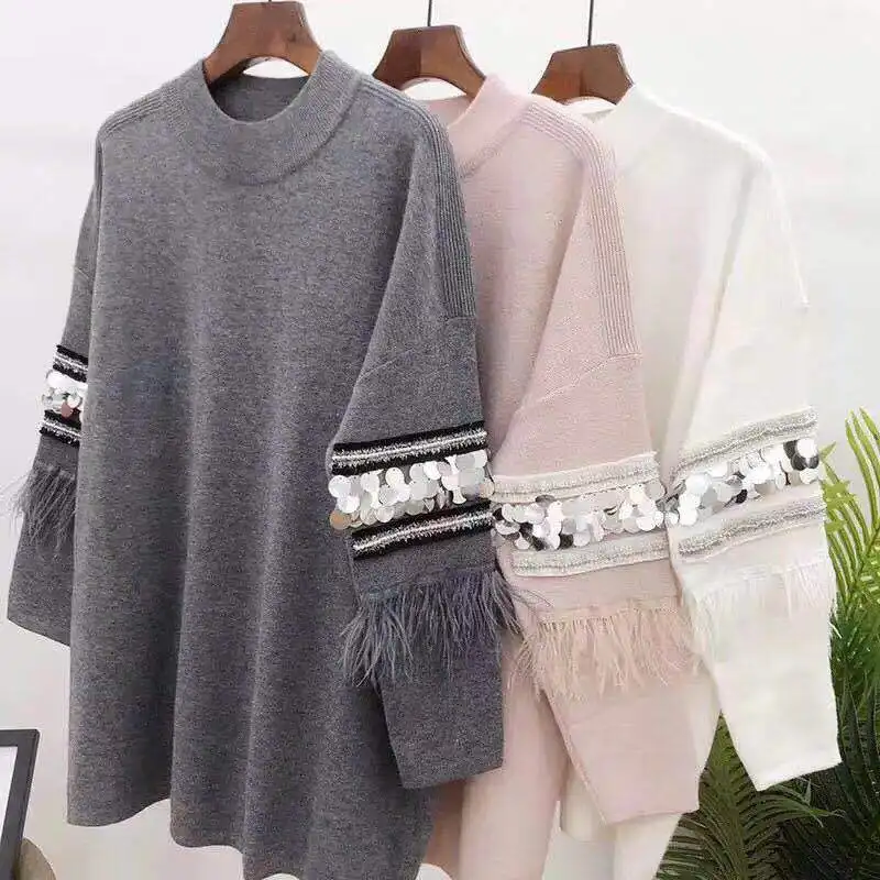 Женский кашемировый свитер с аппликацией элегантный длинный пуловер блестками и