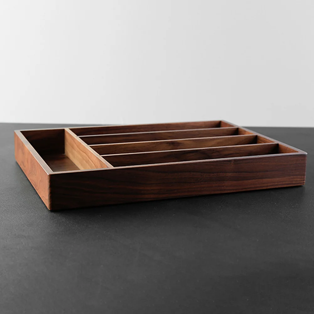 

Black Walnut Western-style Drawer Type Cutlery Storage Box Desktop Wood Storage Tray Tableware Organizer - 35.8x26x4.6cm (