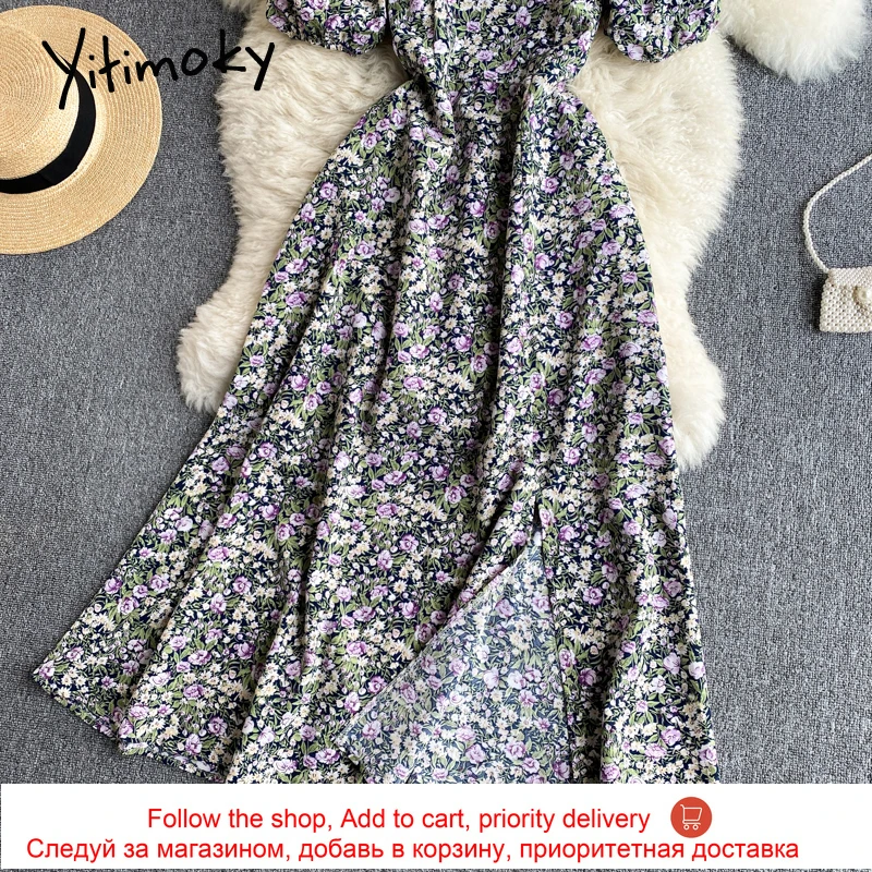 

Yitimoky Boho Floral Print Back Elastic High Waist Dress Women Puff Sleeve Square Collar A-Line 2021 Summer Clothes Korean New