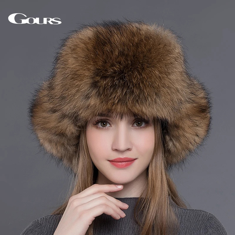 Gours меховая шапка для женщин, натуральный мех енота, лисы, русские шапки-ушанки, зимние толстые теплые уши, модная шапка-бомбер черного цвета, Новое поступление