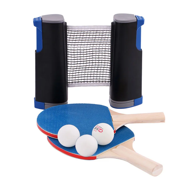 

Table Tennis Net Set 1 Pair Straight Grip Racket + Retractable Grid Net + 3 Ping Pong Balls Portable Sports Equipment pingpong