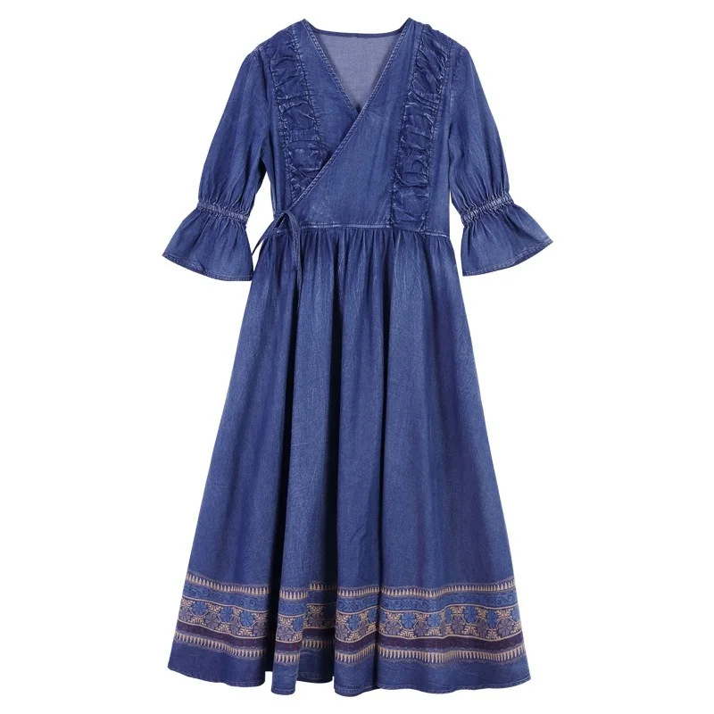 

Silm Waist Embroidery Vintage Denim Dresses for Women 2021 Spring Fashion Flare Sleeve Design One Piece Elegant Lace Up Vestidos