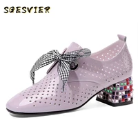 sgesvier classic hollow genuine leather women pumps 2020 summer new lace up high heels round toe shoes woman casual basic shoes