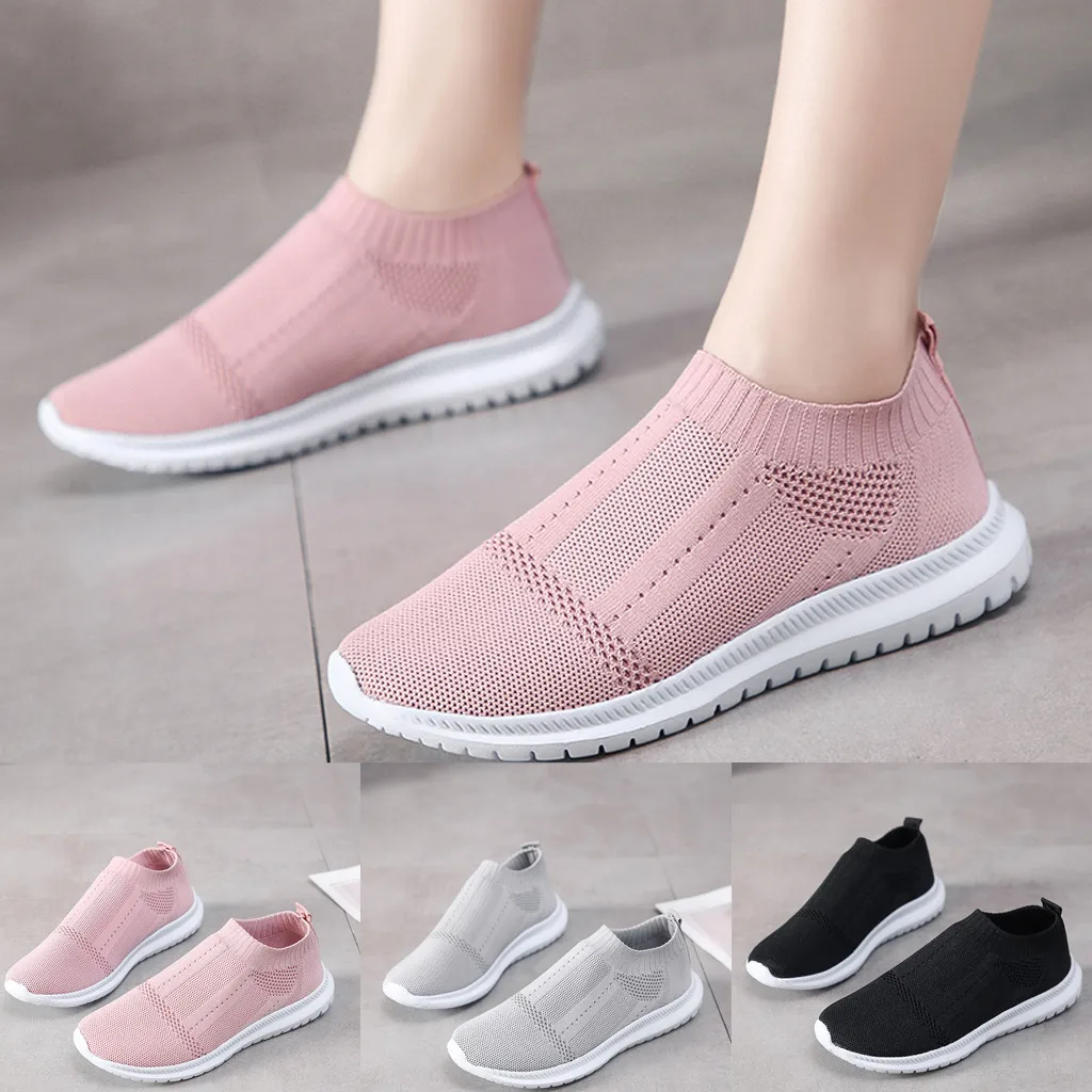 Женские трикотажные кроссовки с нескользящей сеткой повседневные однотонные