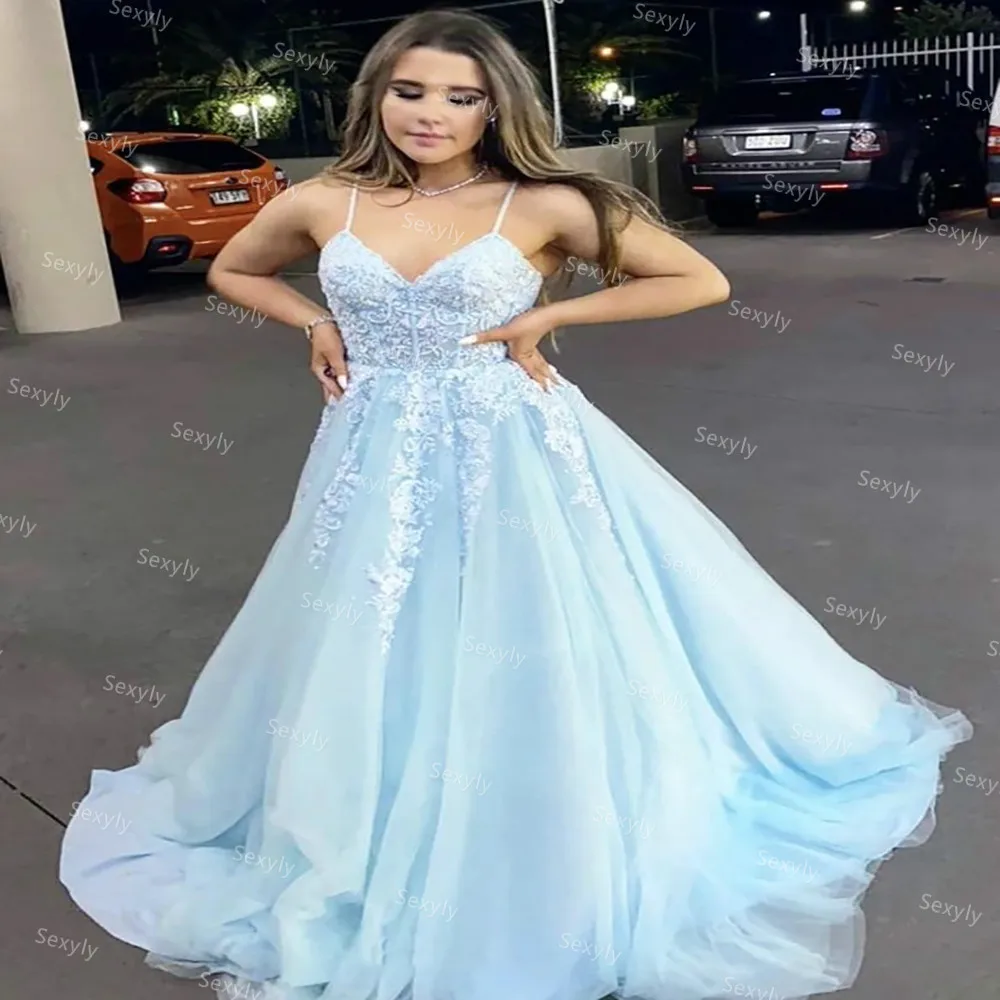 

Boho Spaghetti Straps Light Blue Evening Dress 2021 Sexy A Line Tulle Lace Plus Size Prom Dresses Backless Party robes de soirée