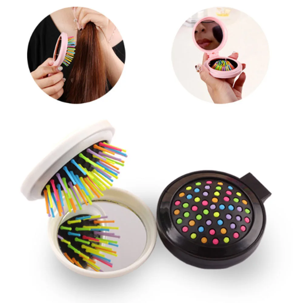 

Portable Round Pocket Comb Small Size Travel Airbag Massage 7Colors Folding Comb Girl Hair Brush With Mirror Styling Tools