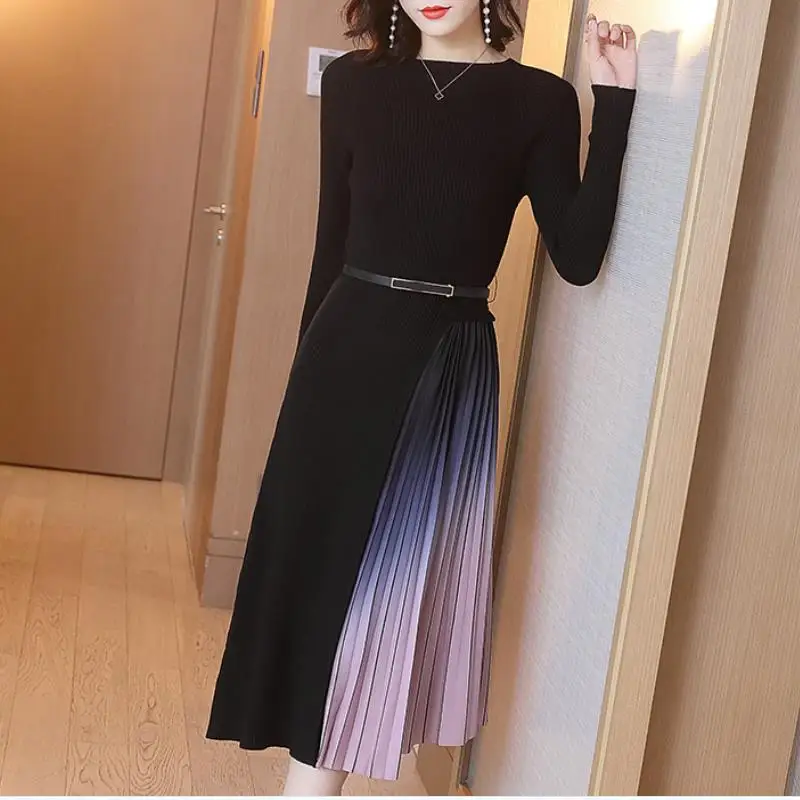 

Newest Autumn Vintage Women Dress Patchwork Long Sleeve O-neck Pleated Vestidos Slim Sashes Knee-Length Women Party Dresses