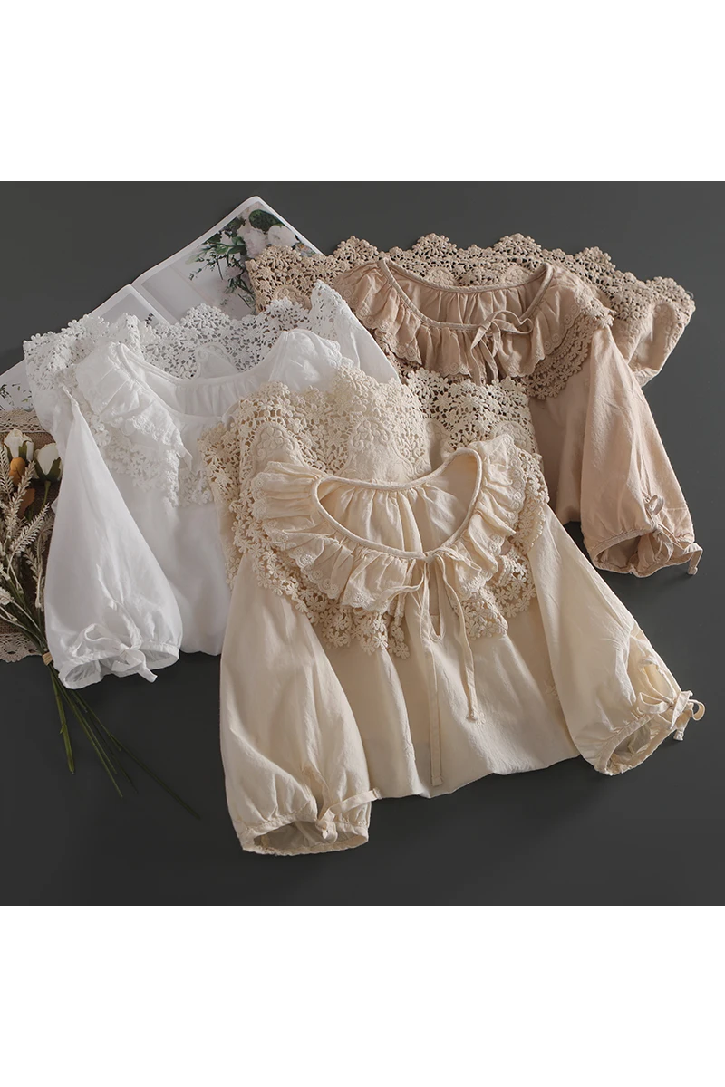 

Summer New Mori embroidery double- layer collar hollow hook flower cuffs tie up pullover top female 6890