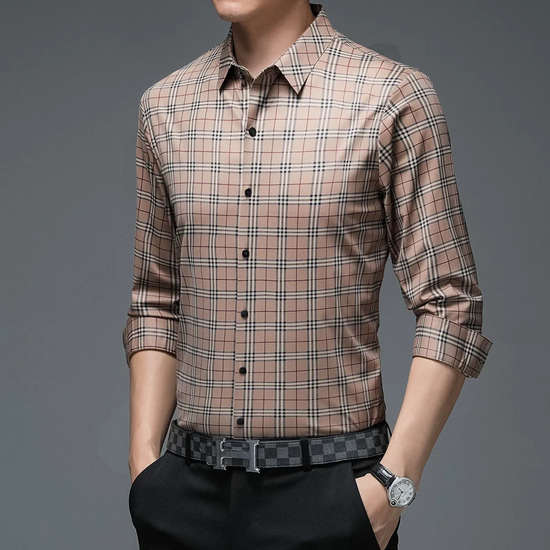 

2021 Autumn Plaid Men Shirts Long Sleeve Casual Business Dress Shirts Slim Fit Streetwear Social Party Work Blouse Chemise Homme