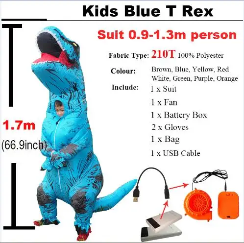 Kids Blue T rex Мир Юрского периода взрослый Велоцираптор Костюм надувной T REX Raptor костюм Косплей динозавр вечеринка Хэллоуин костюм для женщин и мужчин - Цвет: Kids Blue T rex