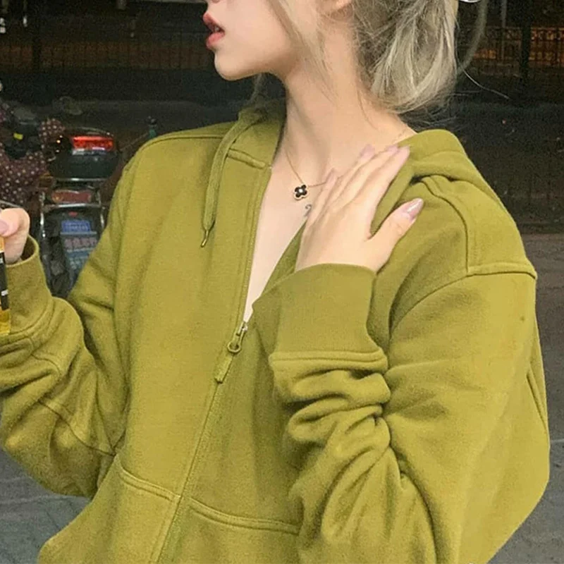 

Women Green Zip Up Sweatshirt Spring Autumn Oversize Girls Hooded Jacket 2021 New Vintage Long Sleeve Female Pullovers Hoodies