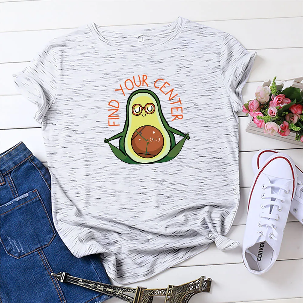 

Find your center print T-shirt Women Cute Thinking Avocado Graphic Tees Short Sleeve Summer Streetwear Cotton Female T-shirts