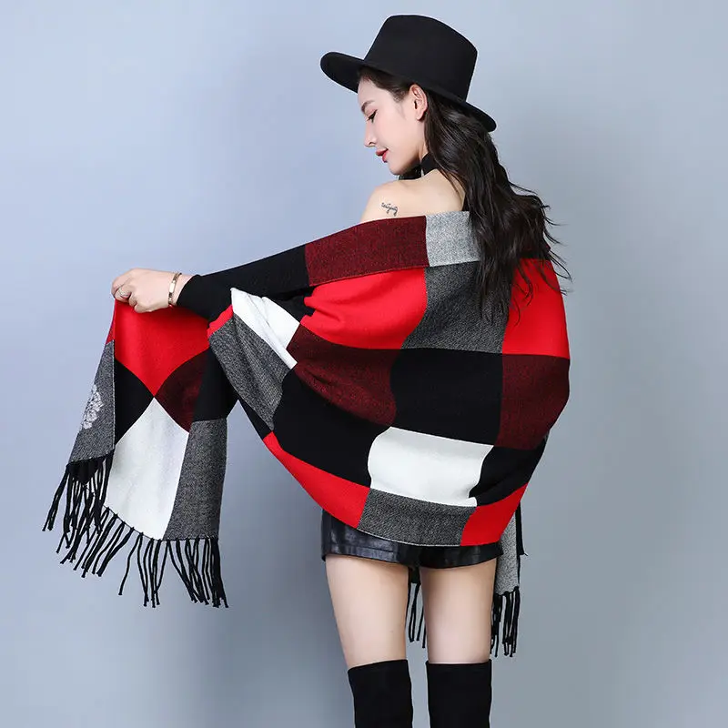 Клетчатая рубашка летучая мышь с рукавами свитер накидка женский свободный