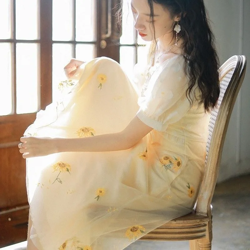 

Vintage Floral Yellow Dress Women French Sweet Party Evening Long Dress Summer Vacation Outfits Dresses for Women 2021 Elegant