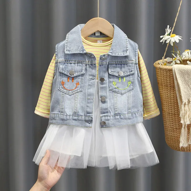 Весенние комплекты одежды для маленьких девочек 2021 джинсовый жилет + платья