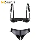 Женское порно латексное нижнее белье бикини бюстгальтер на бретельках с открытой полкой + трусики с вырезами Эротическое мини-бикини комплект нижнего белья ночное белье
