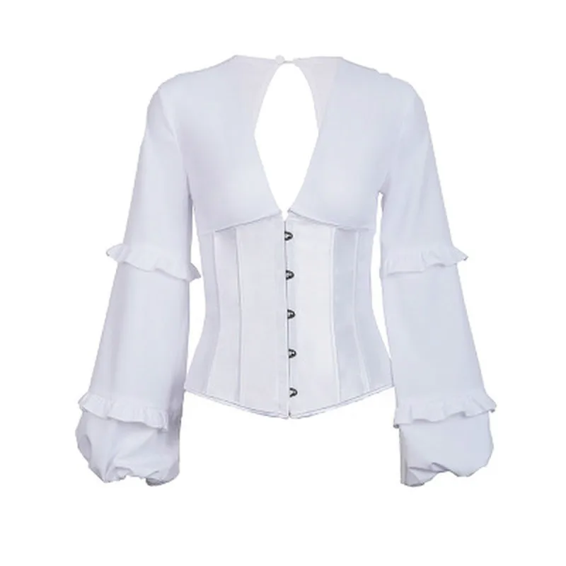 Женская рубашка с оборками белая бандажная глубоким V образным вырезом и длинным