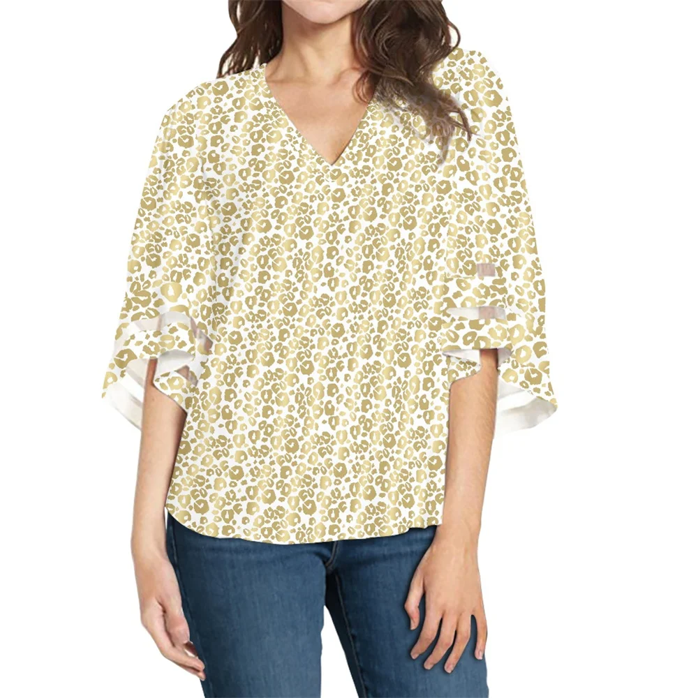 

Women V-neck Long Sleeve Tops Fashion Loose Flare Sleeve Ladies Chiffon Shirts And Blouse Quality Yellow Leopard Print Design