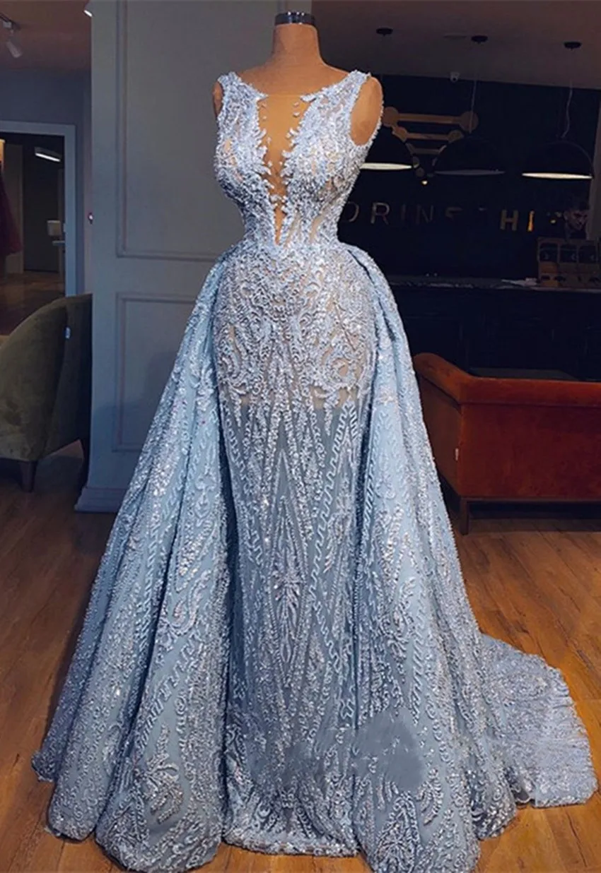 Женское вечернее платье со съемной юбкой длинное блестящее шлейфом расшитое