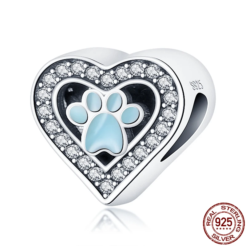 

100% Real 925 Sterling Silver Heart-shaped Zircon Bear Paw Fit Original 3mm Bracelet&Bangle Making Fashion DIY Jewelry For Women