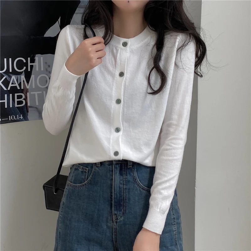 

2021 Women Knitted Cardigans Sweater Fashion Autumn O-Neck Long Sleeve Casual Coat Casual Button Solid Female Bastic Tops
