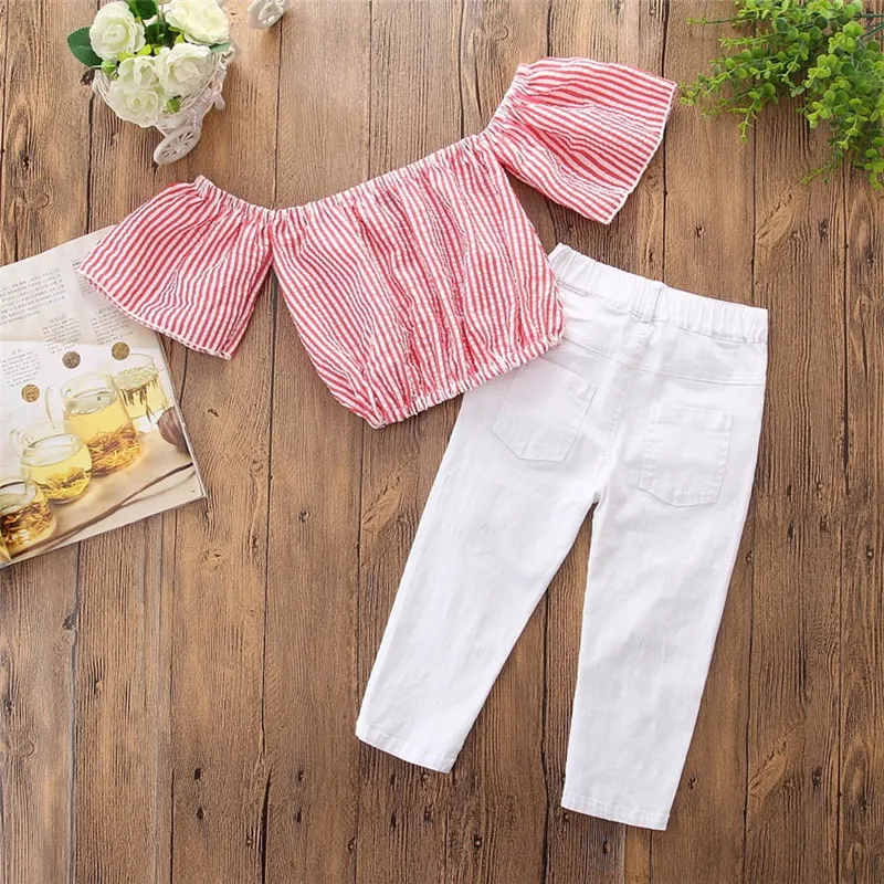 Летний комплект для девочек с бантом розовая полосатая одежда плоским