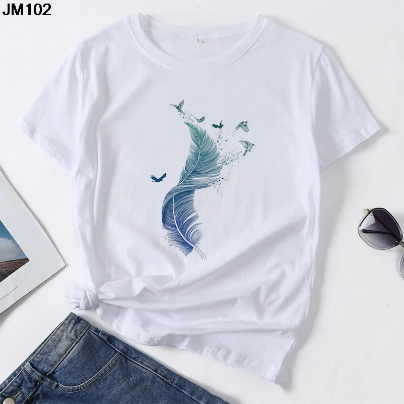 

T-shirts Top For Women Watercolor Feather Bird Printing Cartoon 90s Summer Casual Lady Women's Tshirt Ladies Female Tee T-shirt