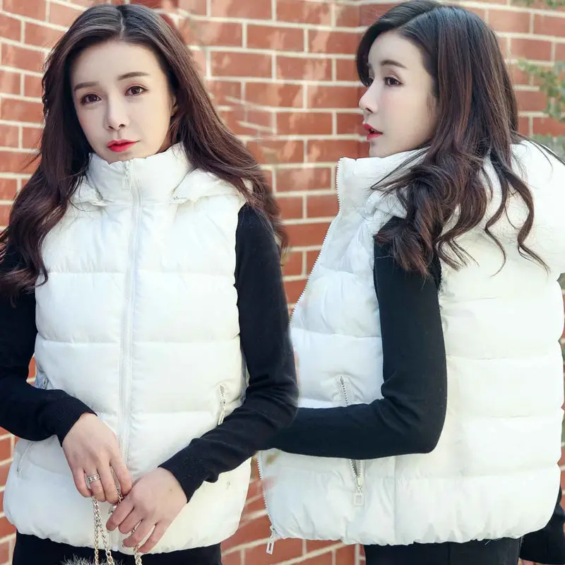 

Fashion New 2021 Women Autumn Winter Solid Cotton Simple Vest Lady Short Detachable Hooded Zipper Down Vest Plus Size Waistcoats