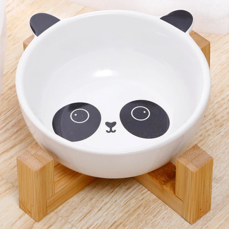 

Ceramic Cat bowl,Cute Cartoon Small Dog Cat Food Bowl,Pet Puppy Water/Food feeder with Bamboo Wooden stand, Pet Supplies