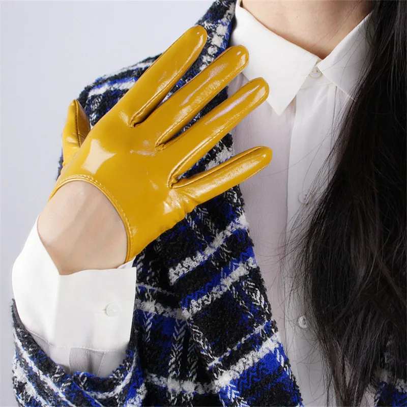 

13cm Ultra Short Gloves Patent Leather Bright Leather Emulation Leather Thin Mirror Super Bright Yellow Ginger Yellow PU122