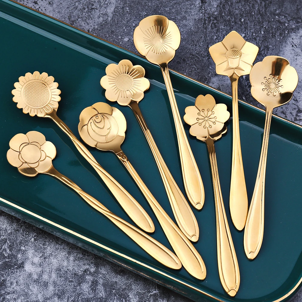 8PCs/ Set Cherry Blossoms Stainless Steel Tea Coffee Spoon Teaspoons Ice Cream Sugar Flatware Gold Kitchen Tableware | Дом и сад