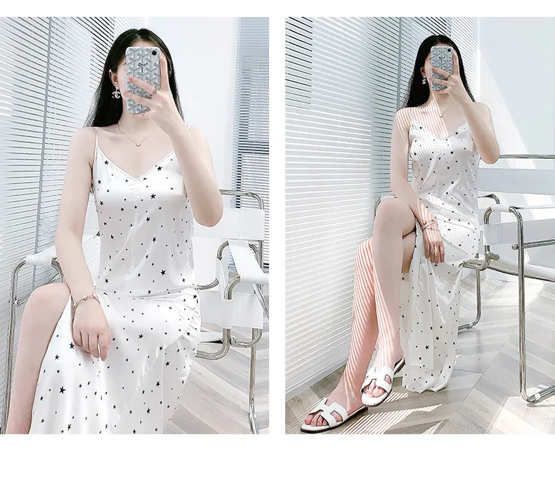 

Women's Summer Ice Silk Sexy High Split V-neck Nightdress Simple Fashion Leisure Tops Can Be Worn outside nightdress