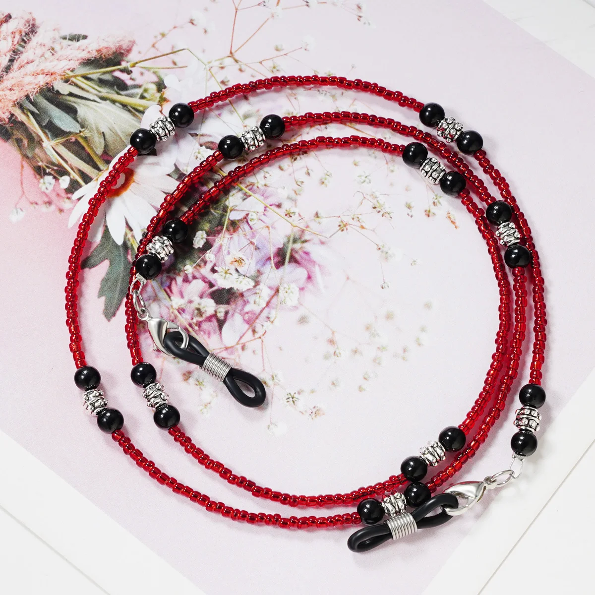 Цепочка для очков Женская красная черная нескользящая стеклянные бусины сделай