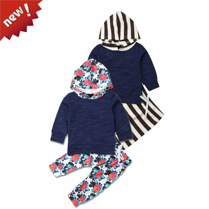 

Комплект одежды для маленьких мальчиков и девочек, Осенний Топ с длинным рукавом и капюшоном, штаны в полоску, комплект из 2 предметов с цвет...