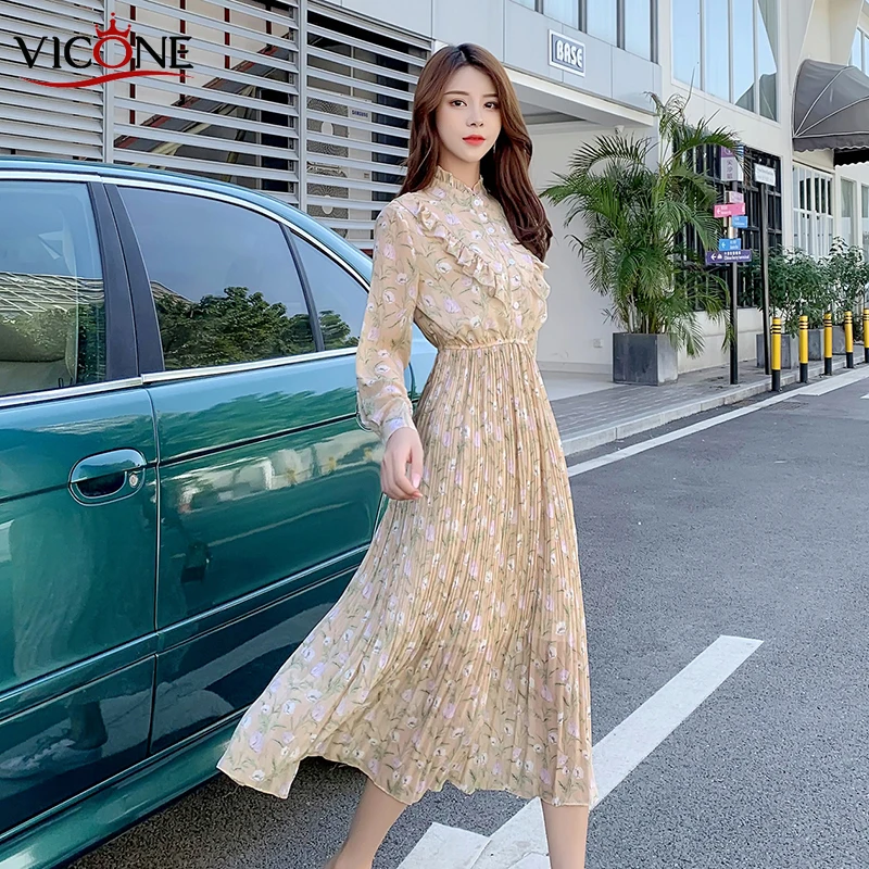 Женское платье-миди с длинным рукавом и оборками | Женская одежда