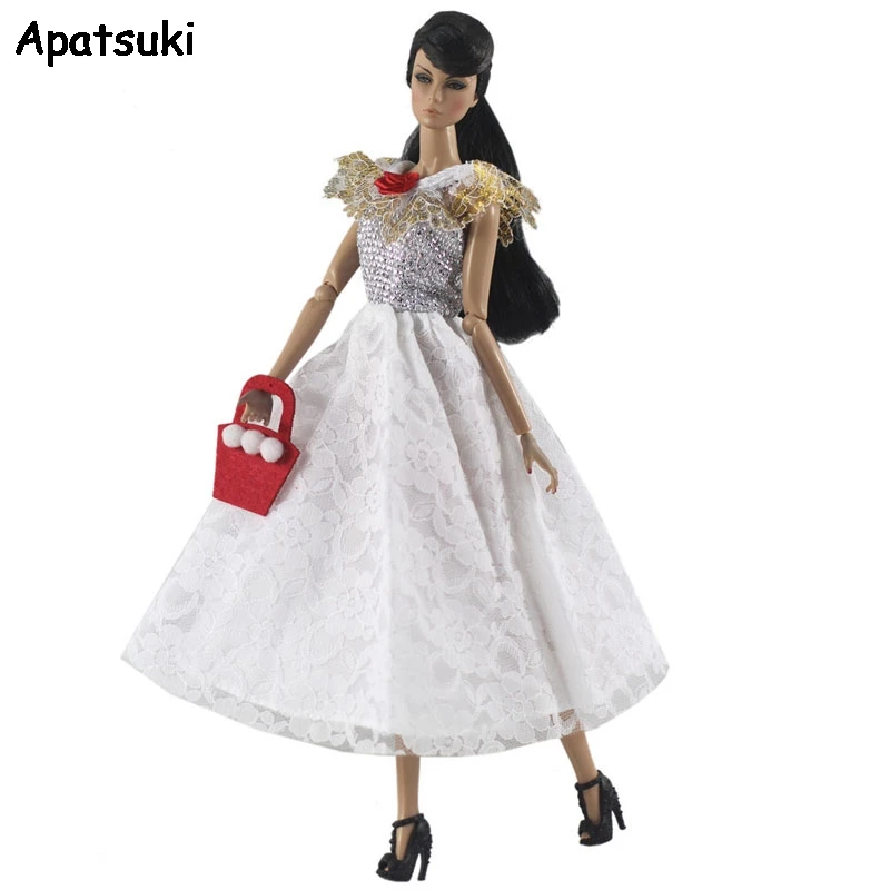 White Gold Party Dress For Barbie Doll Clothes Outfits & Purse Princess Gown For Barbie Dollhouse Kids Toys 1:6 Doll Accessories