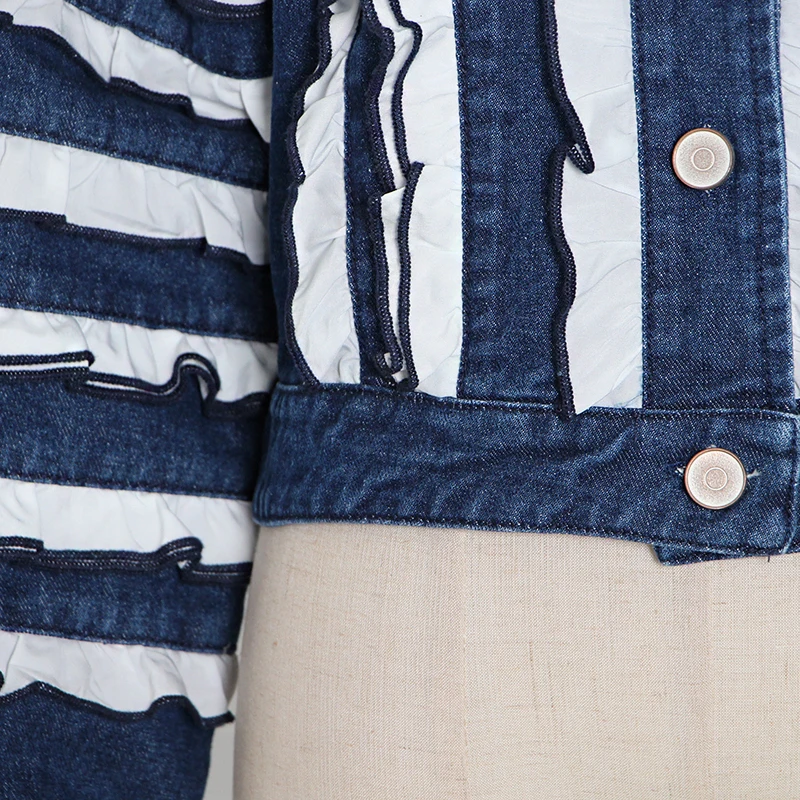 

GALCAUR Patchwork Ruffle Women's Jacket Lapel Collar Lantern Long Sleeve Denim Short Coats Female Summer 2020 Fashion Clothes