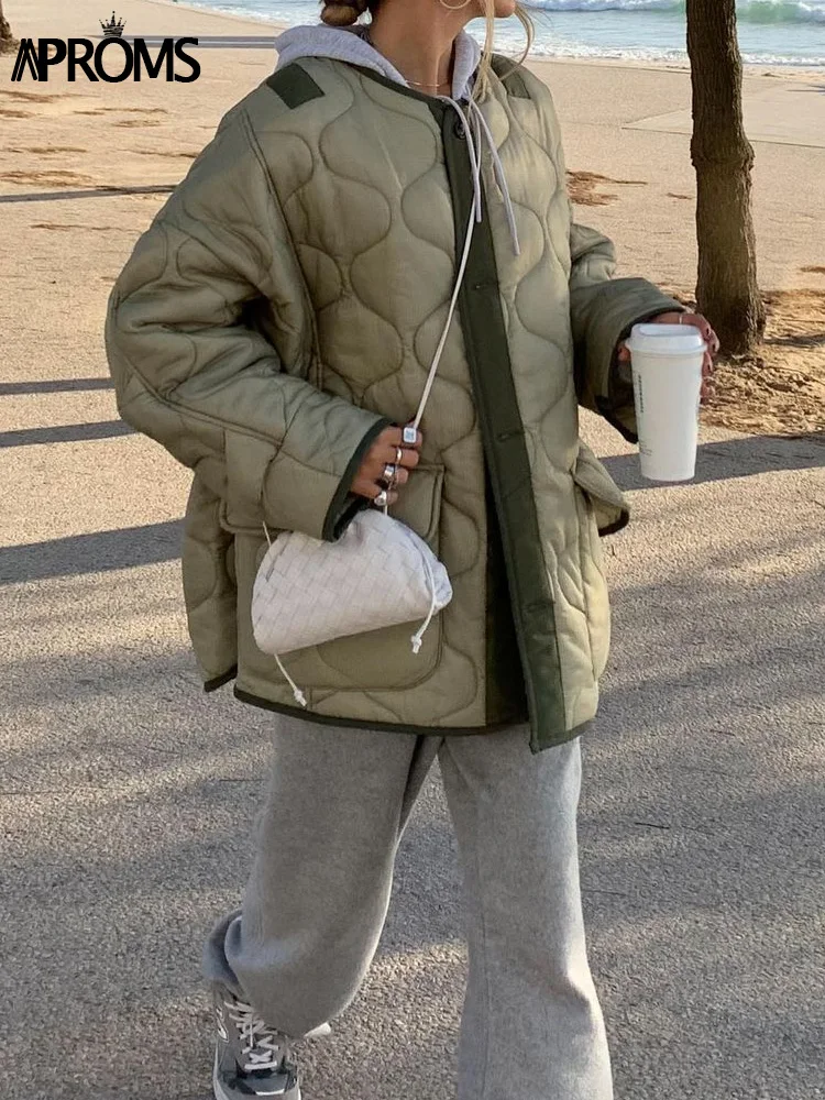 

Aproms Elegant Women Oversized Jackets Autumn 2021 Thin Parkas Streetwear Fashion Front Big Pockets Coats Winter Female Outwear