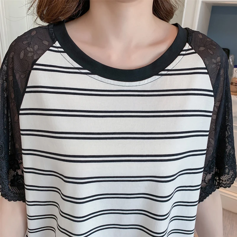 

Striped lace short sleeve mid length women's straight T shirt Dress new summer Korean style cotton black top bottoming shirt 4XL