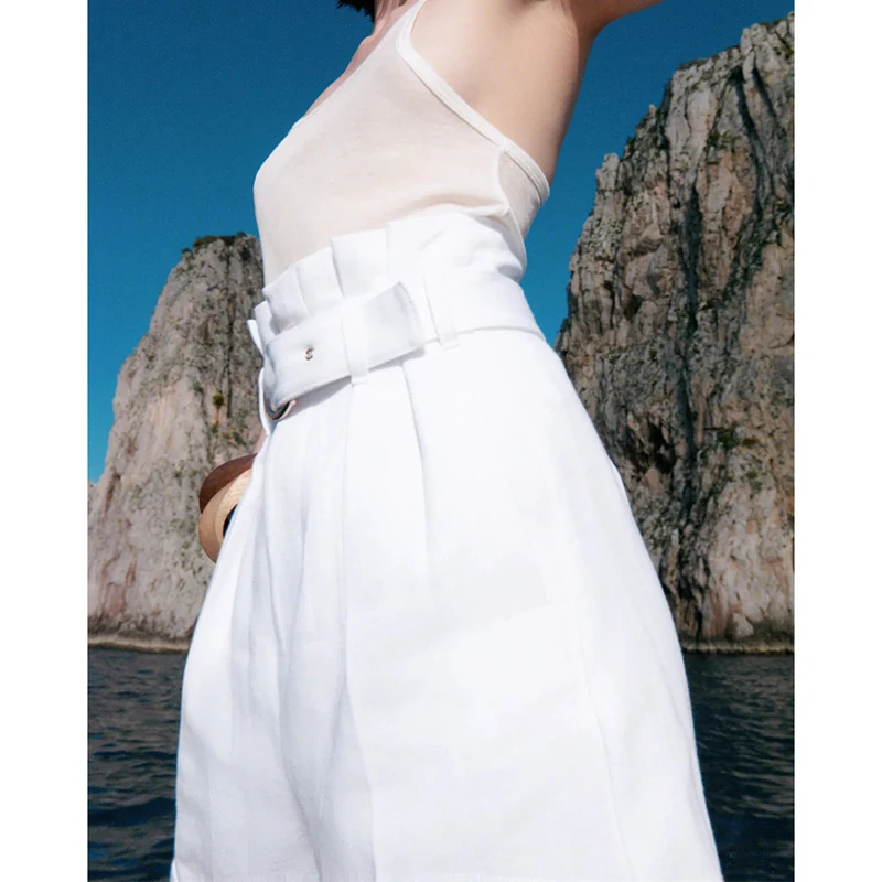 

Meriahzheng Women's Spring and Summer Style High Waist White Fold Solid Color Paper Bag Casual Shorts women clothing PYL