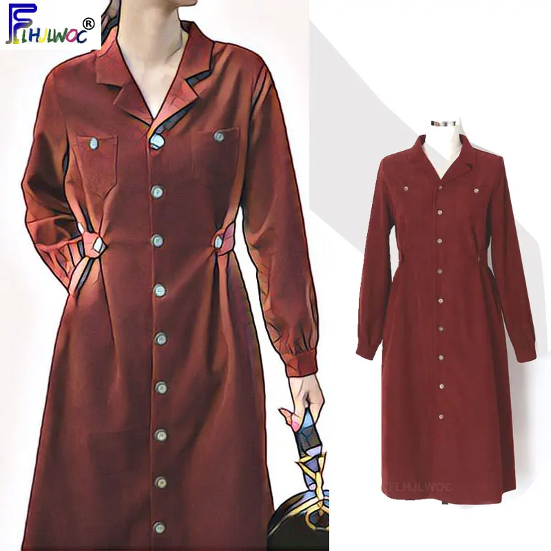Женское вельветовое платье рубашка Длинное Элегантное красное винтажное с