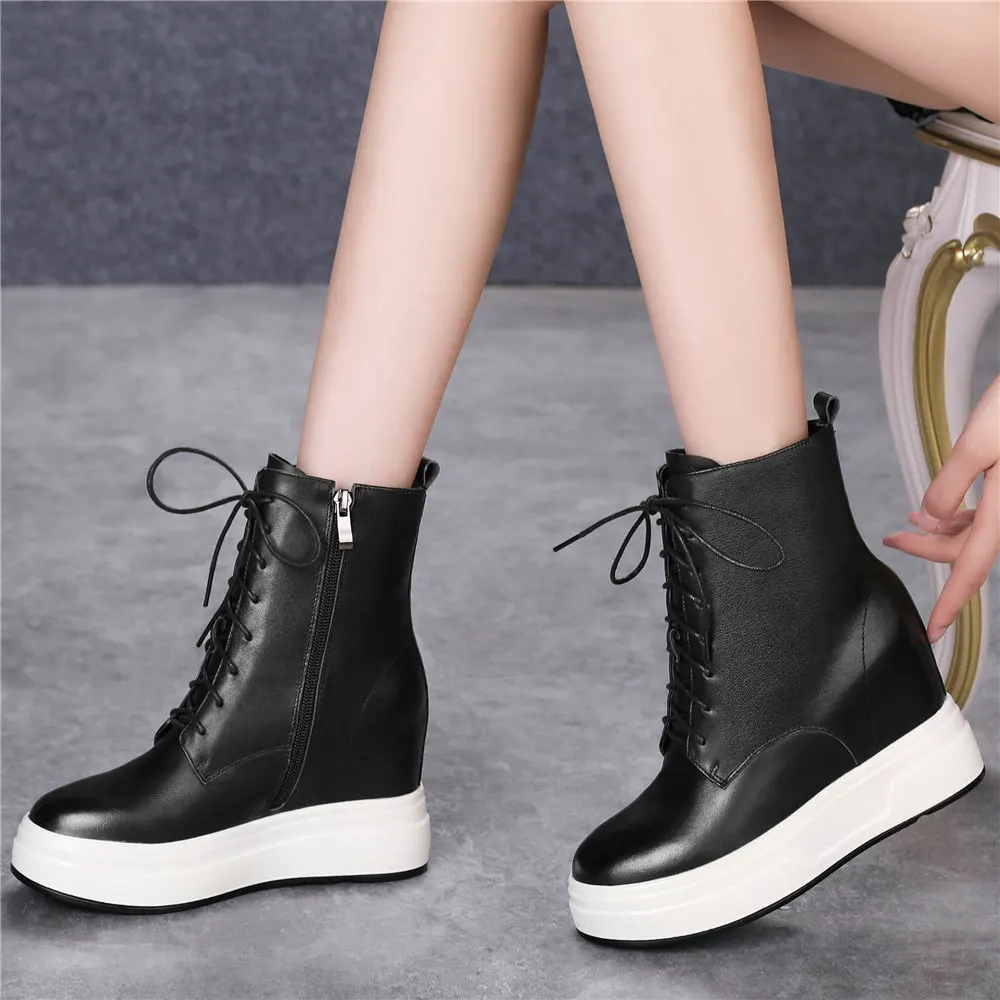 Fashion Sneakers Women Genuine Leather Wedges High Heel Ankle Boots Female Winter Round Toe Platform Pumps Shoes Casual Shoes